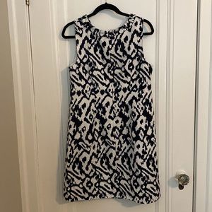 Loft sleeveless dress, size 12Petite. beautiful dark navy and white ikat design.